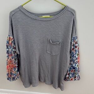 Easel Gray Top with Colorful Floral Sleeves